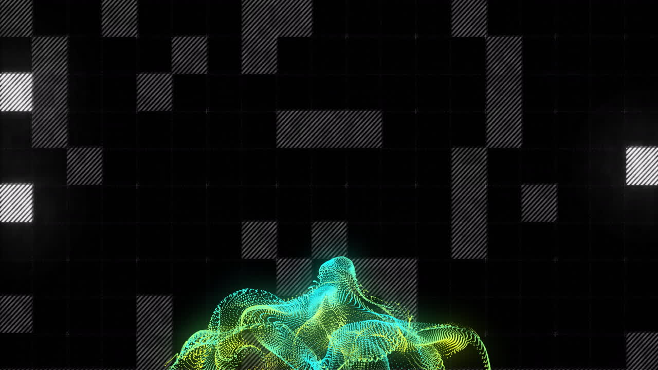 Colorful wave animation over pixelated black and gray grid background