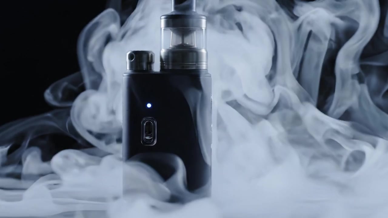 A sleek vaping device surrounded by swirling clouds of vapor, showcasing modern e-cigarette design and the essence of vape culture in a stylish dark environment.