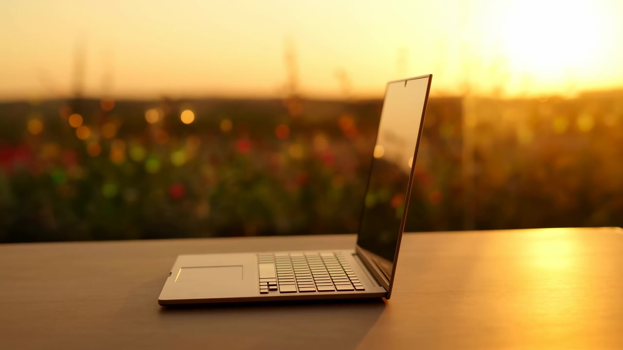 Portátil delgado en perfil lateral sobre una mesa de madera con la pantalla parcialmente abierta, exponiendo el teclado y el trackpad bajo una cálida luz dorada. Un fondo de jardín difuminado crea un ambiente relajado de espacio de trabajo al aire libre.
