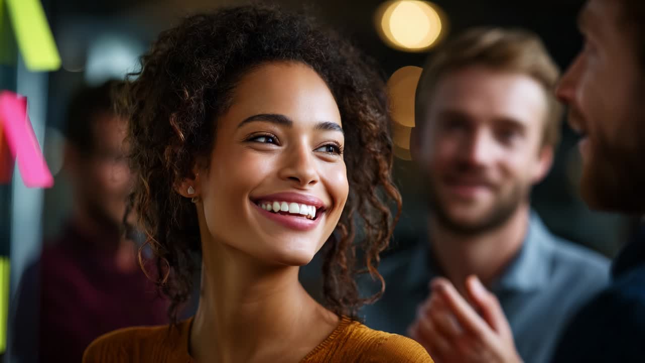 Un momento di gioia catturato in un ambiente di lavoro creativo, che mostra una donna sorridente con i capelli ricci, impegnata in una vivace discussione con i colleghi, circondata da colorati post-it e un'atmosfera di collaborazione