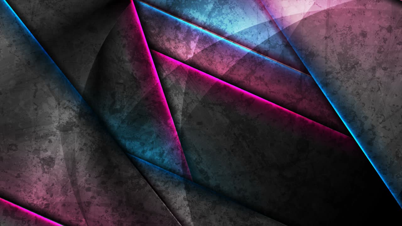 Abstract black grunge background with moving purple blue neon glowing stripes