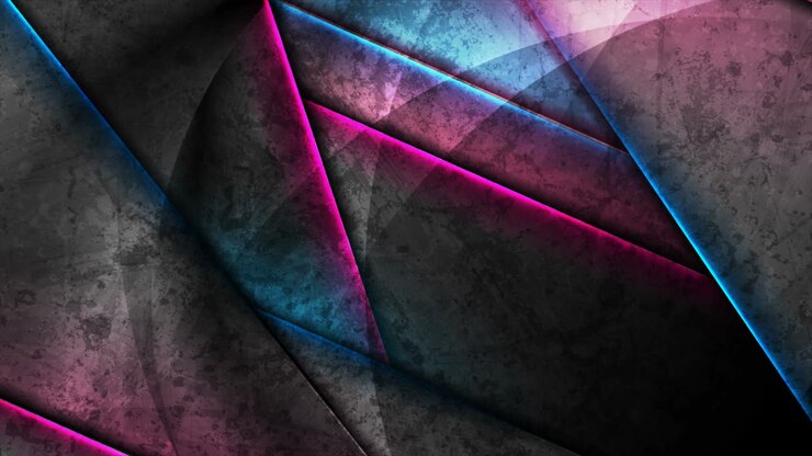 Sfondo grunge nero astratto con strisce luminose al neon viola e blu in movimento