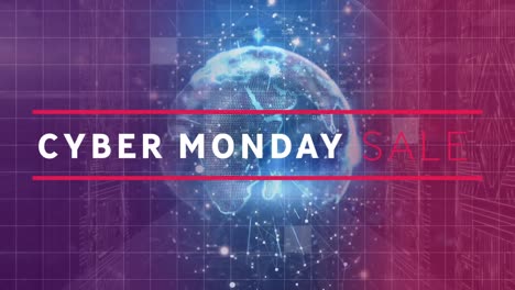 Animación-Del-Texto-De-Venta-Del-Cyber-Monday-Sobre-El-Mundo-Y-Procesamiento-De-Datos