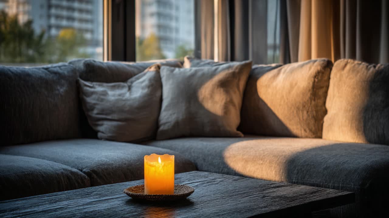 A Warm and Inviting Living Room Scene Featuring a Flickering Candle on a Coffee Table Surrounded by Cozy Sofas and Soft Evening Light