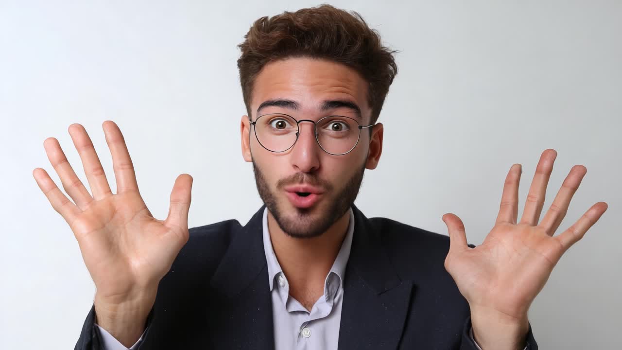 A transformation of expression captured in two frames: a man showcasing joy and excitement with open hands in one moment, and a serious, composed demeanor in the next