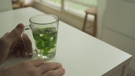manos en la mesa con té de hierbas en un vaso en una casa acogedora con jardín