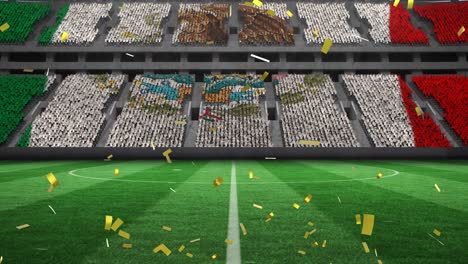 animation of gold confetti falling over flag of mexico in sports stadium