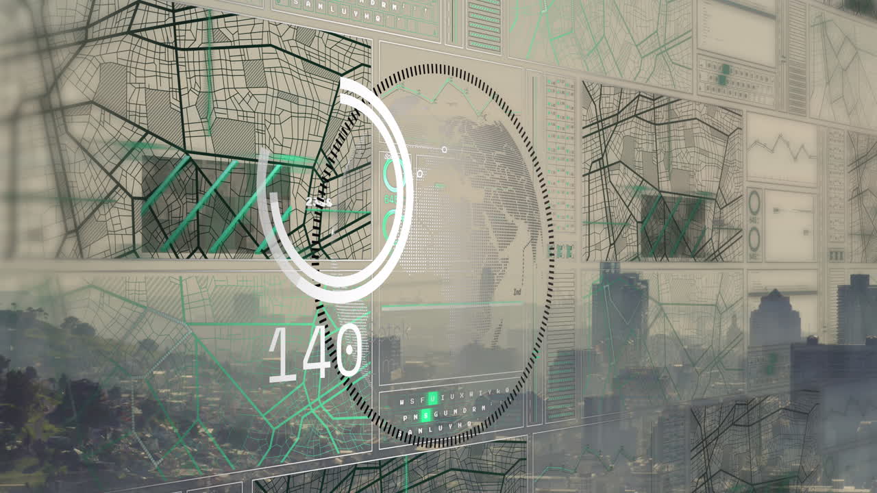 도시 위의 내비게이션 패턴과 함께 서클, 로딩 서클 및 변하는 숫자의 지구상의 애니메이션