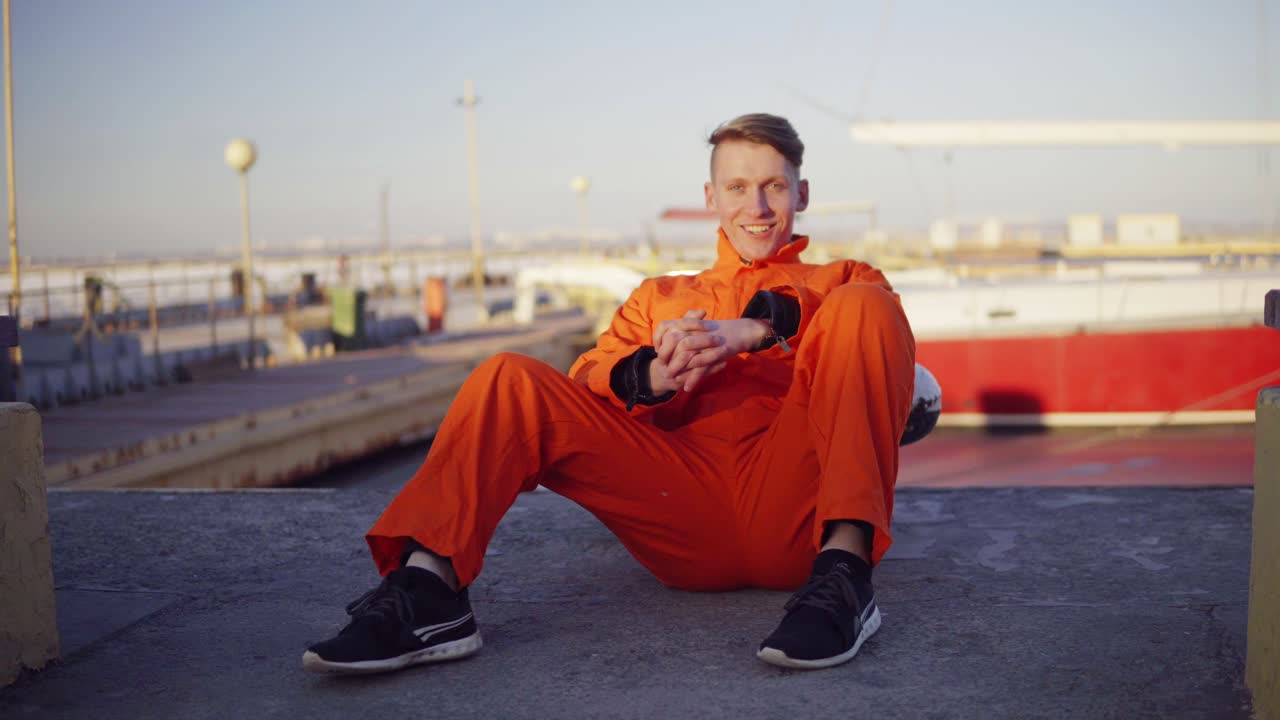Giovane uomo in uniforme arancione seduto durante la sua pausa in riva al mare nel porto.
