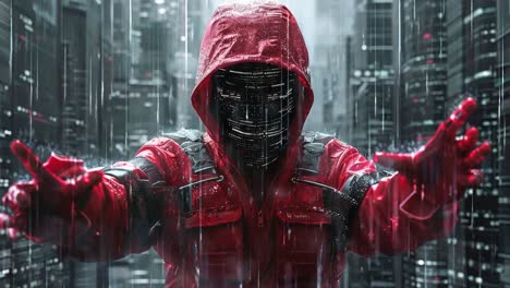 cyberpunk figure in rainy city