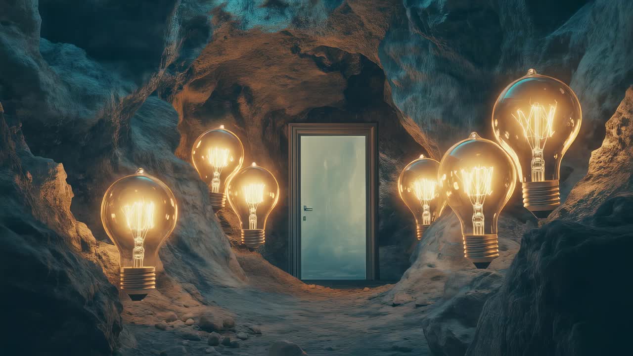 Glowing light bulbs hovering around sealed doorway within dark, rocky cavern, embodying mysterious, surreal exploration of hidden potential and inner journey