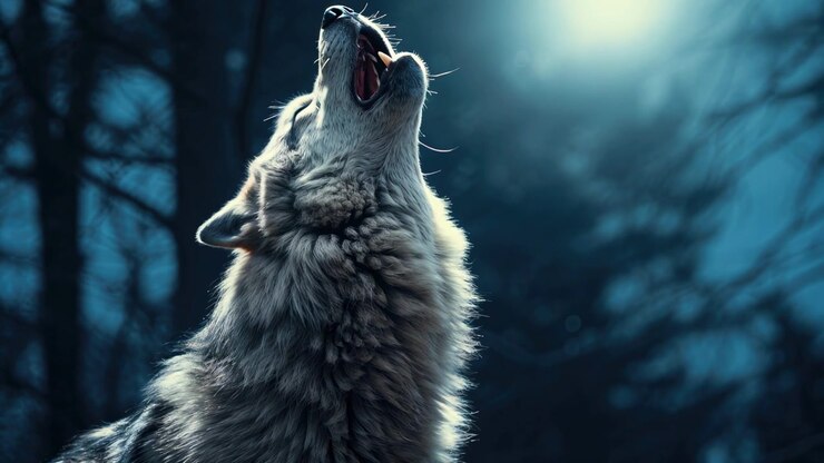 Wild Wolf Howling in a Dark Forest at Night