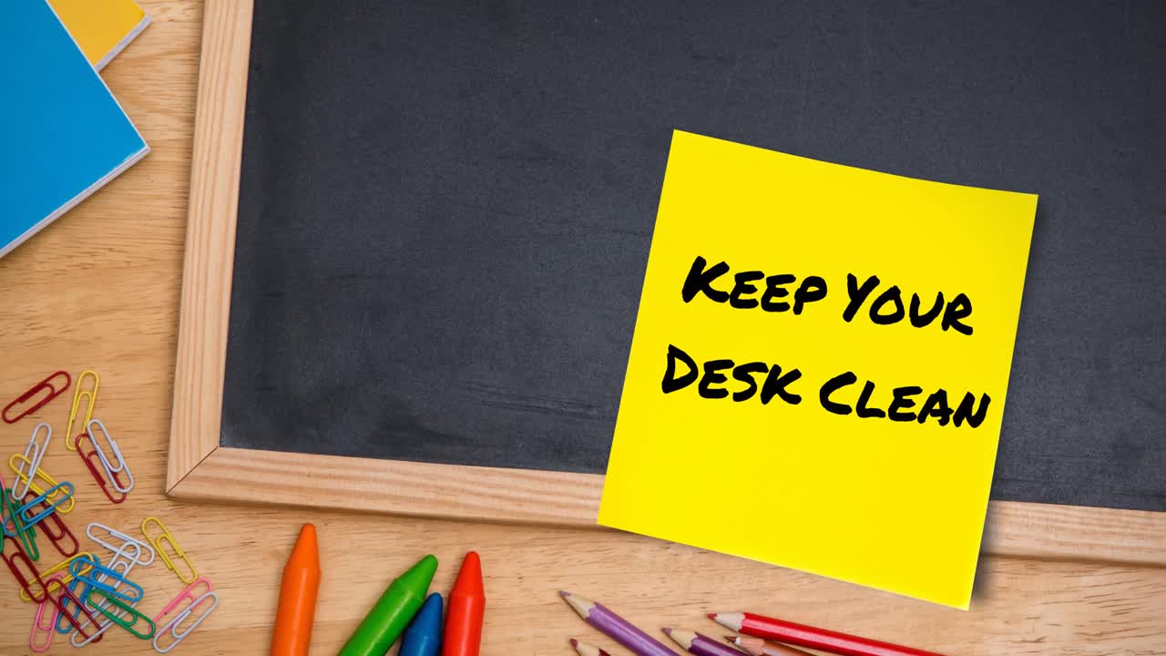 Animation of keep your desk clean text on memo note on chalkboard on desk