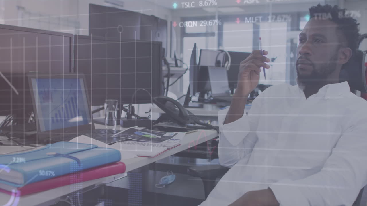 Animation of digital interface showing statistics with man working in an office
