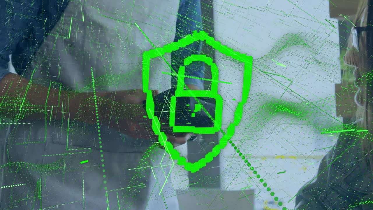 Animation of digital shield with padlock over hands of caucasian people using payment terminal