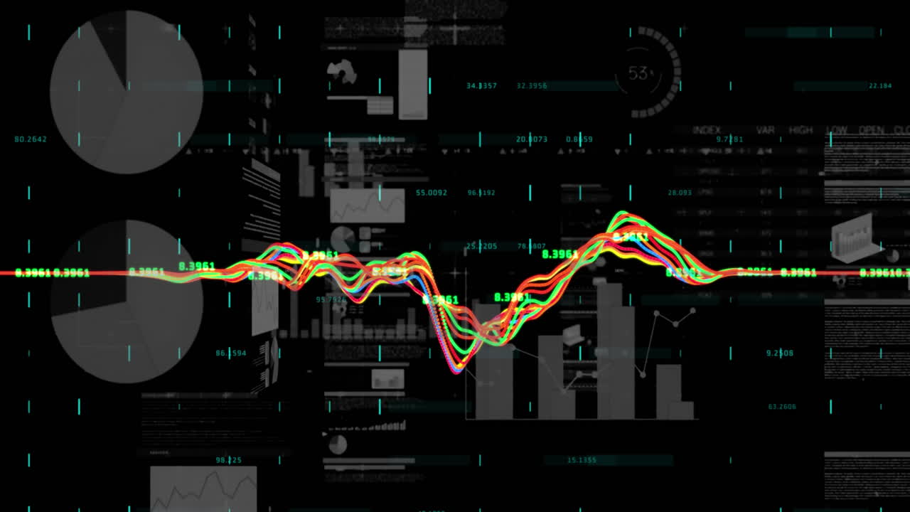 Animation of statistics and data processing on black background