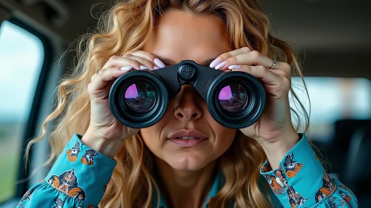 A woman looking through binoculars in a car