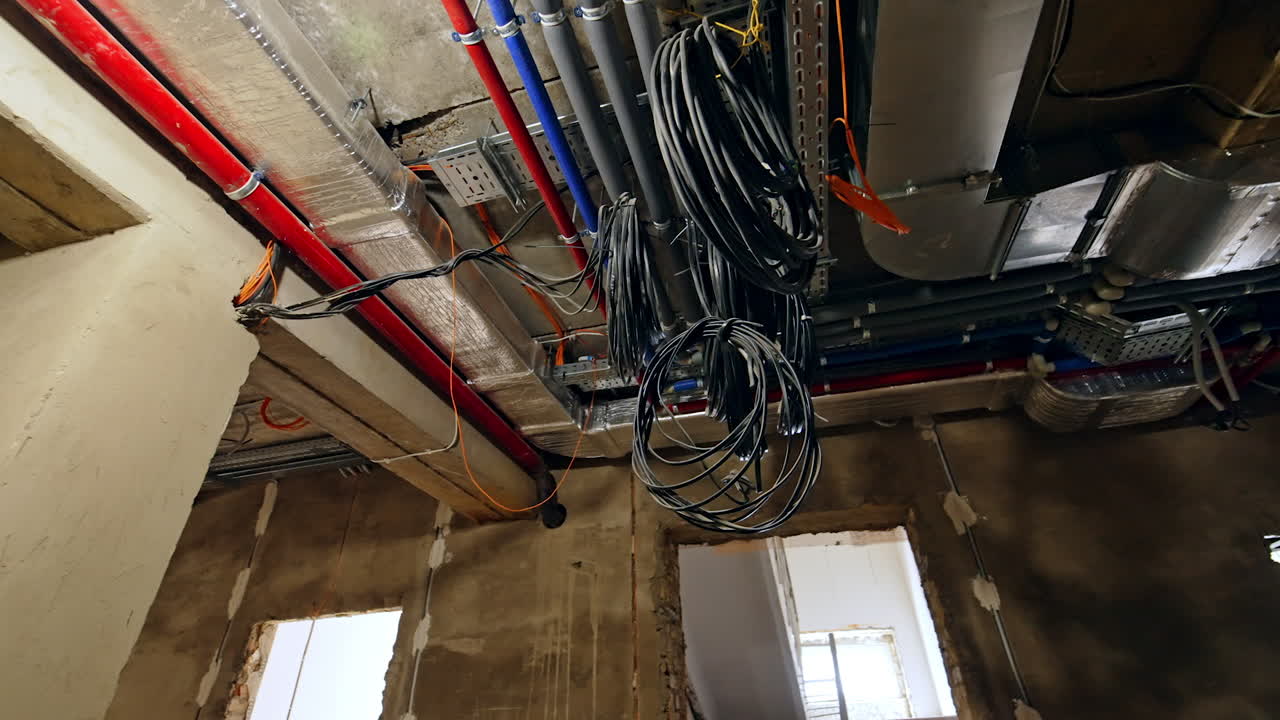 Bundles of electric wires hanging at the new pipes on the ceiling. New electricity on the old building.