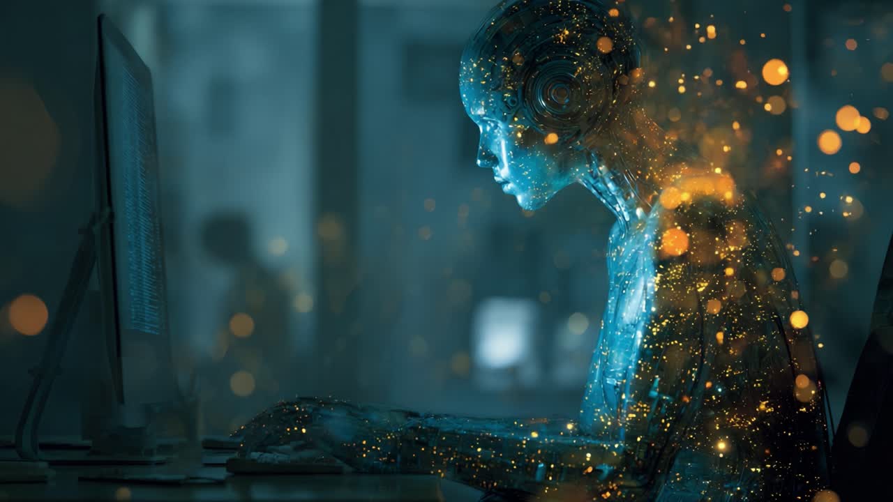 A Digital Being Engaged with Technology: A Stunning Representation of AI-Like Persona Interacting with a Computer Screen Amidst a Background of Cosmic Sparks