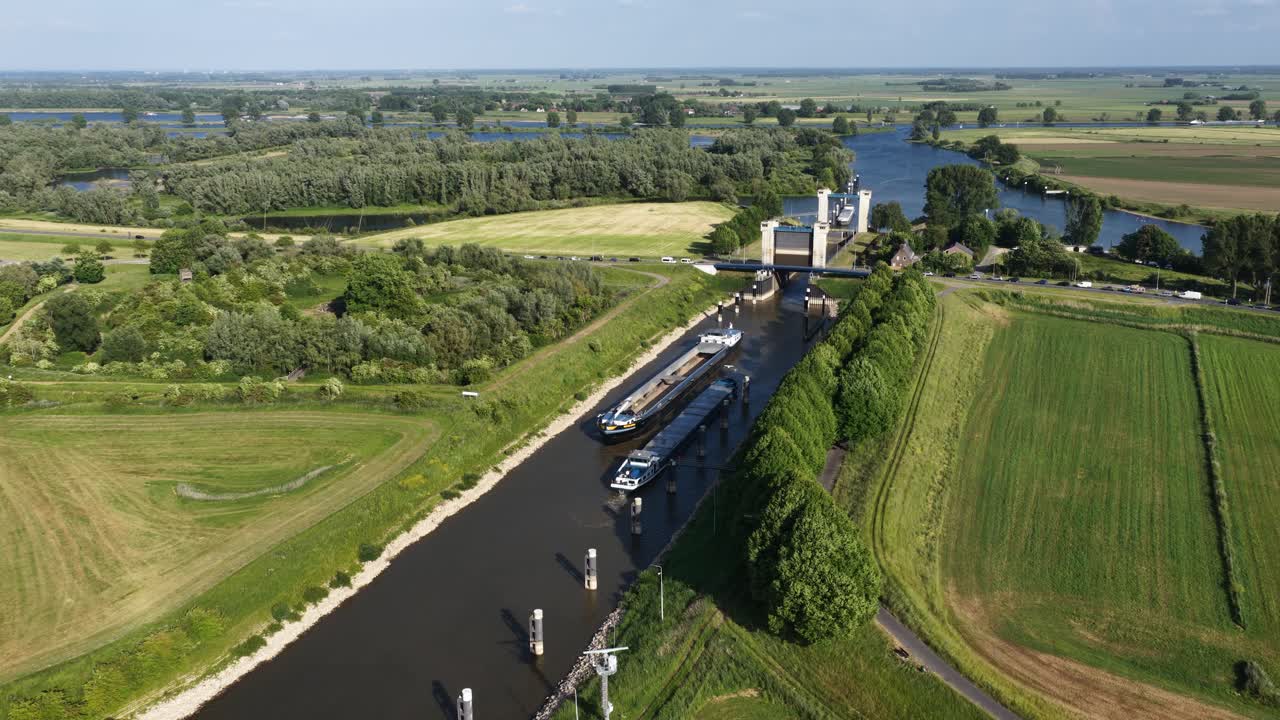 Inland waterway, shipping sluice infrastructure, connecting Waal and Meuse river. Aerial view.