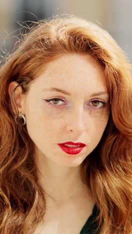 close-up portrait of a redhead woman with freckles