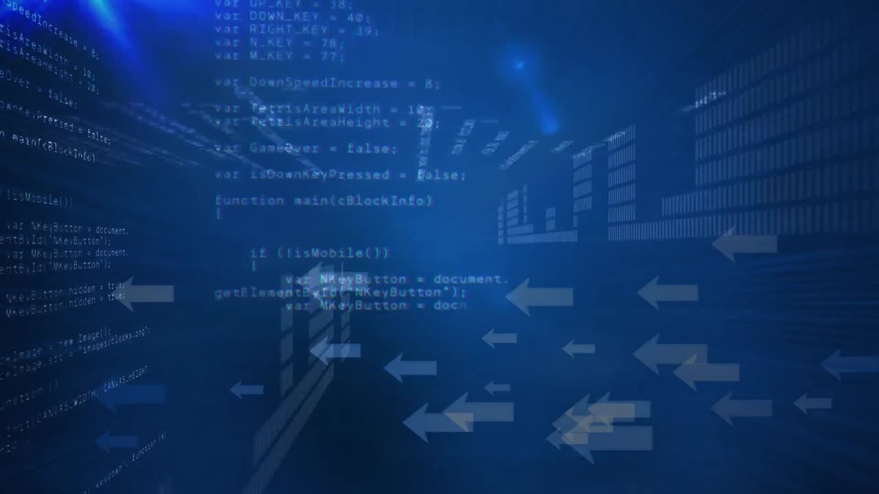 animación del procesamiento de datos y flechas sobre fondo azul
