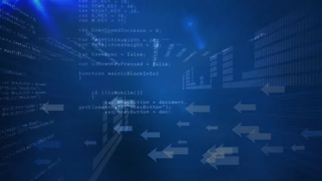 animación del procesamiento de datos y flechas sobre fondo azul