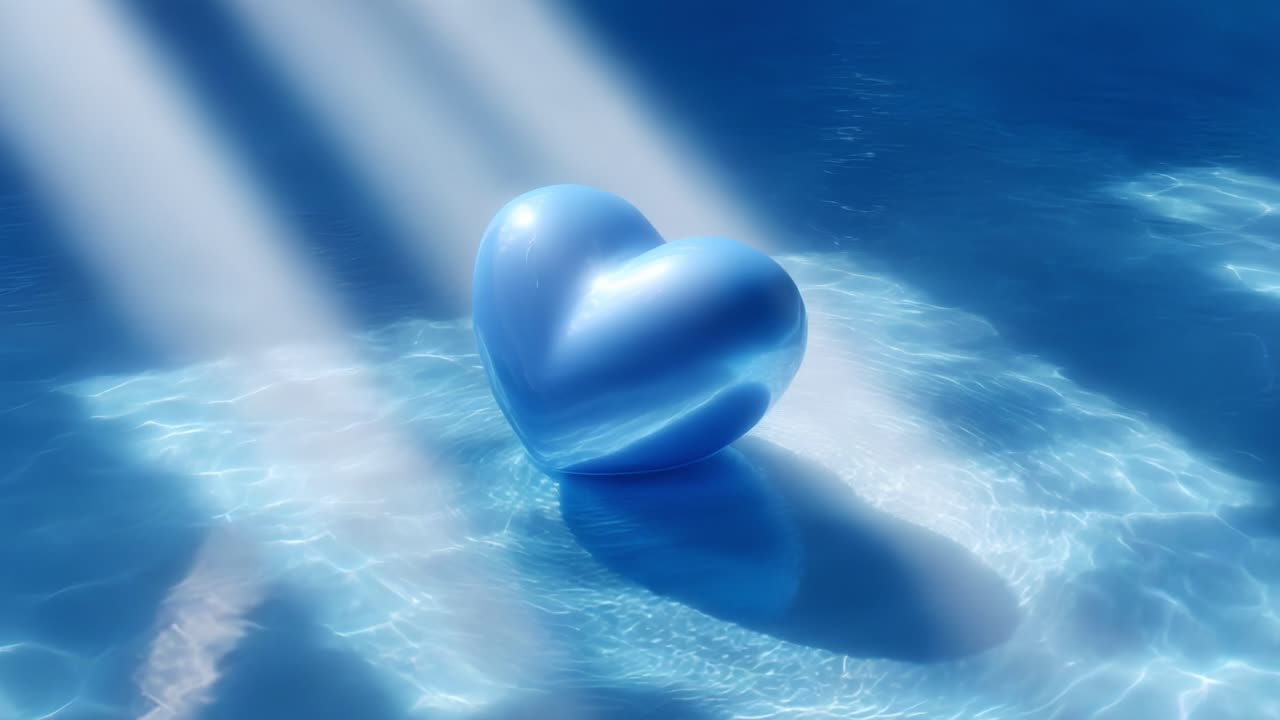 A Gorgeous Blue Heart Floating in a Tranquil Body of Water, Illuminated by Ethereal Rays of Light, Creating a Serene and Dreamlike Atmosphere Filled with Love and Harmony