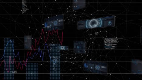 Animation-of-network-of-connections-with-icons-over-data-processing-on-black-background