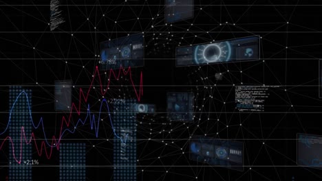 animation of network of connections with icons over data processing on black background