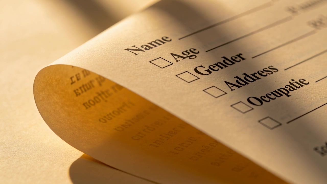 Releasing curl, printed form revealing Name Age Gender Address Occupation on desk as light shifts