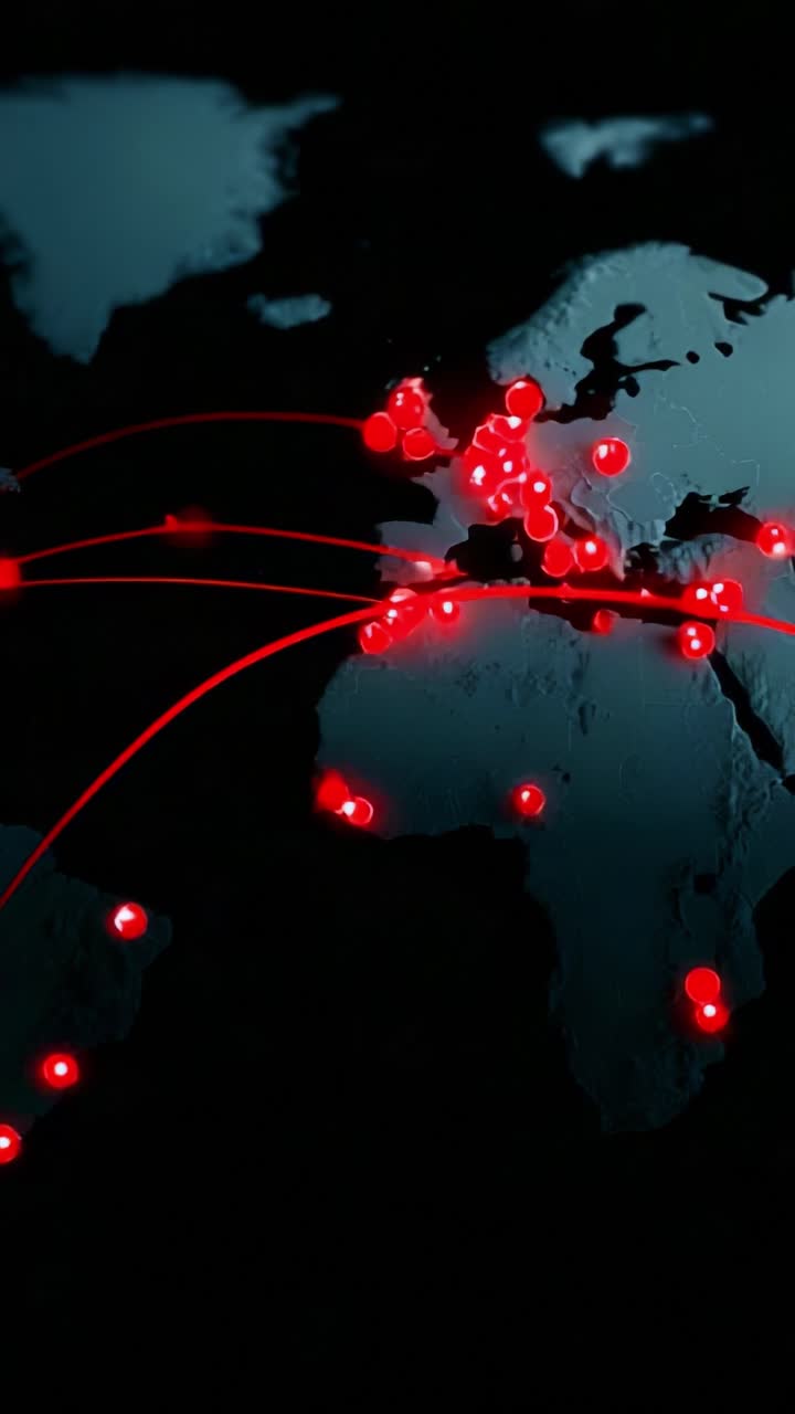 Dynamic Network Visualization Showcasing Global Connections with Bright Red Nodes and Lines on a Dark World Map, Representing Data Transfers and Communication Pathways Across Continents