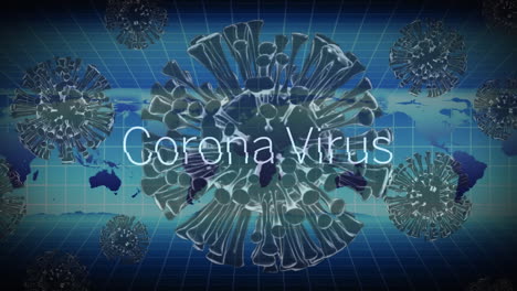 Animation of a word Corona Virus with macro Covid-19 cells floating over world maps rolling