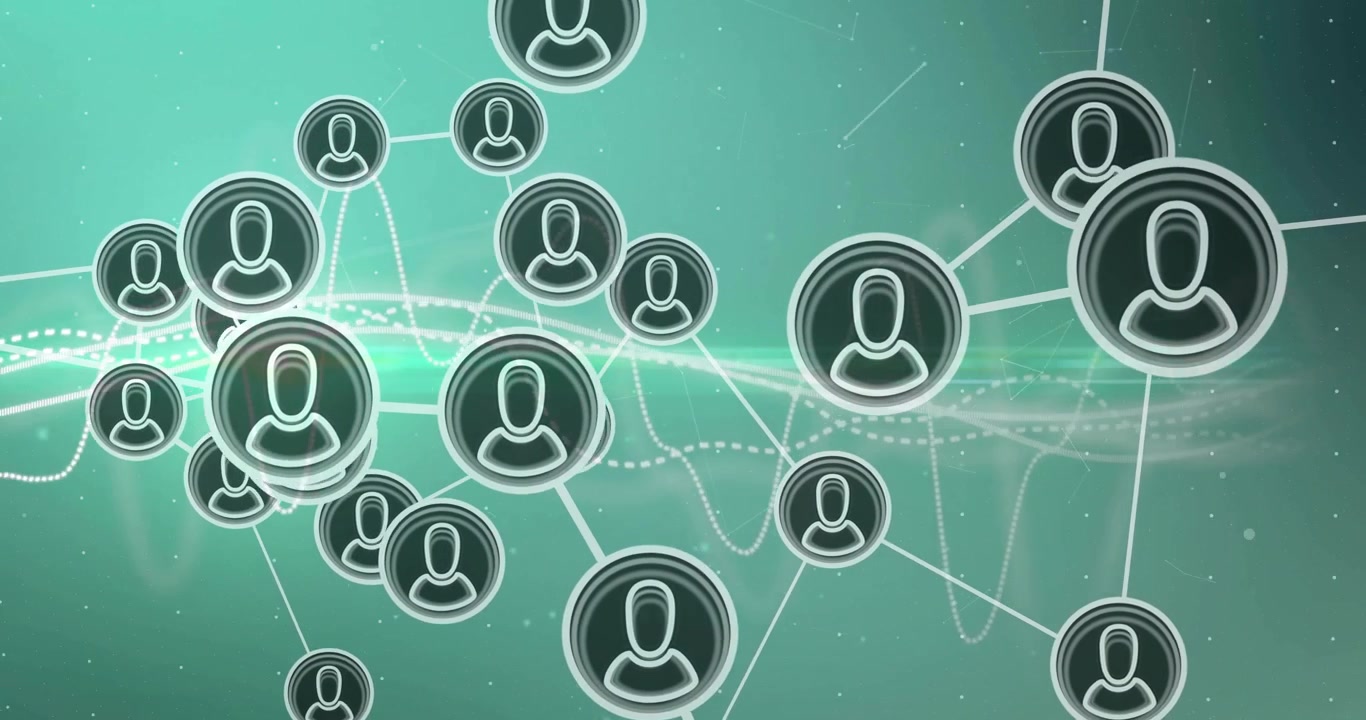 Animazione di una rete di connessioni con icone di persone su sfondo verde