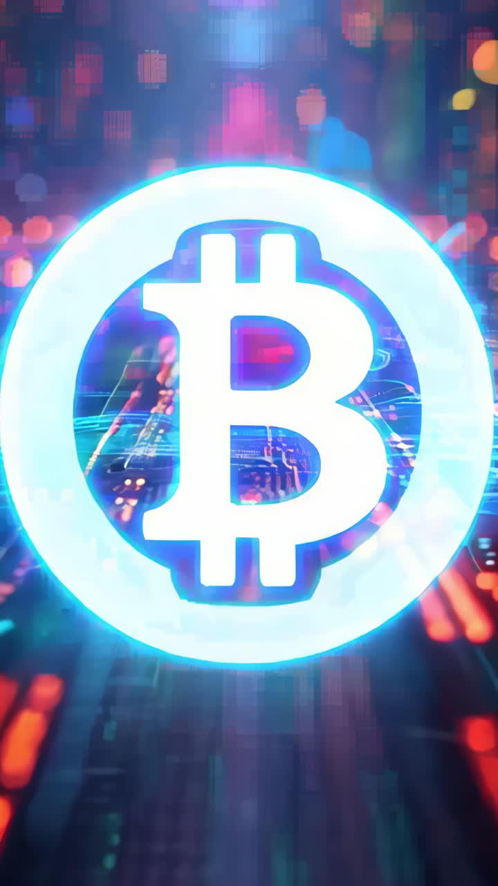 A neon sign with a red triangle on it. The sign is surrounded by a lot of lights and it looks like a futuristic city