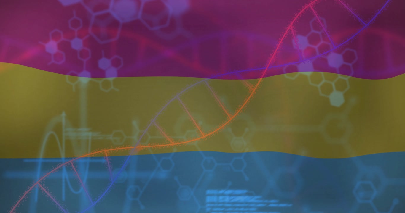 Glowing double helix DNA strand being animated in flat design, showcasing diagrams, plots, code