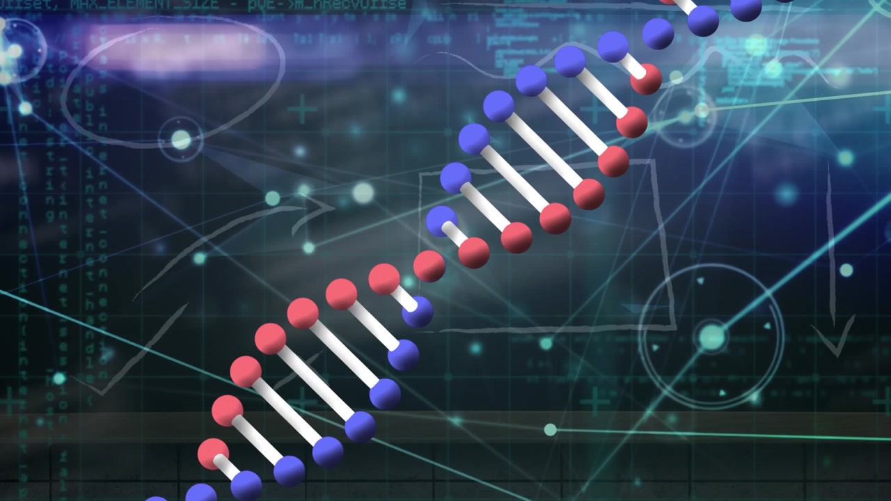 Animation of dna strand with networks of connections and data processing