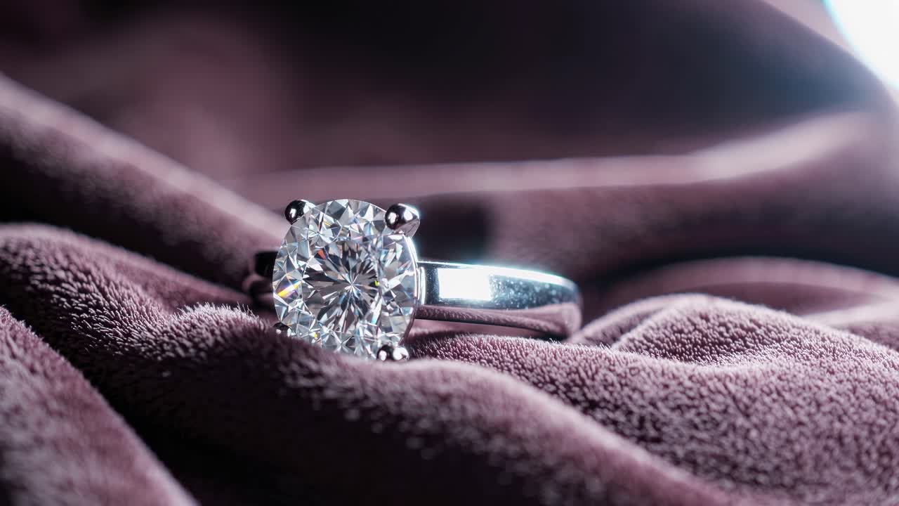 Close-up shot of a sparkling diamond ring on soft fabric, showcasing luxury and elegance
