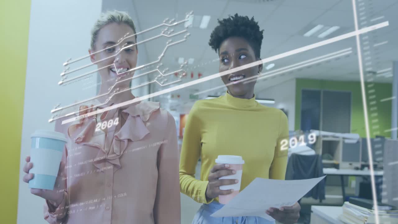 Animation of changing numbers, circuit board pattern, diverse female coworkers sharing ideas