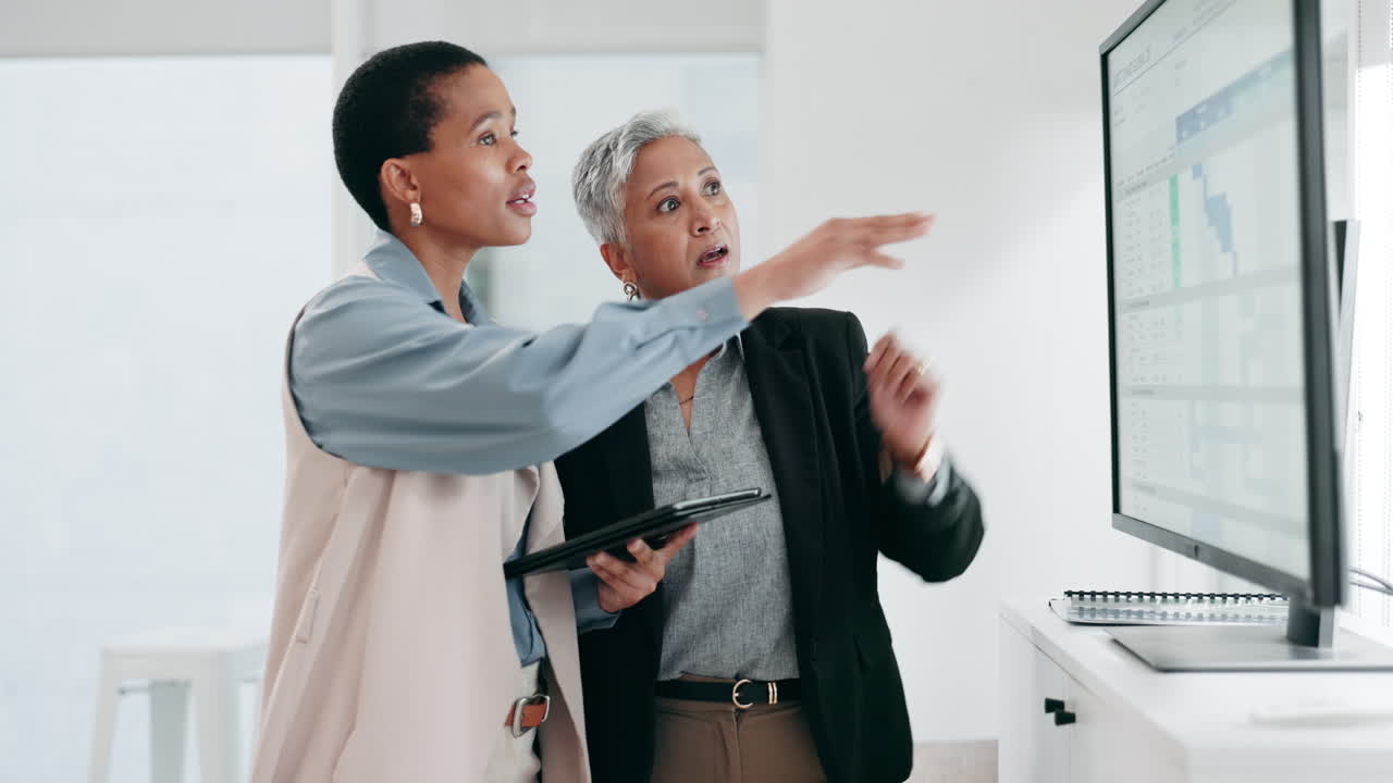 여성, 팀, 컴퓨터 화면