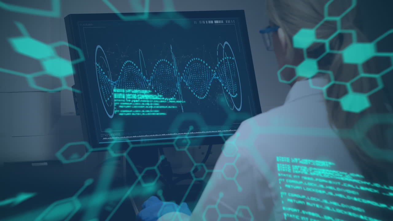 animación de moléculas que caen sobre una científica caucásica