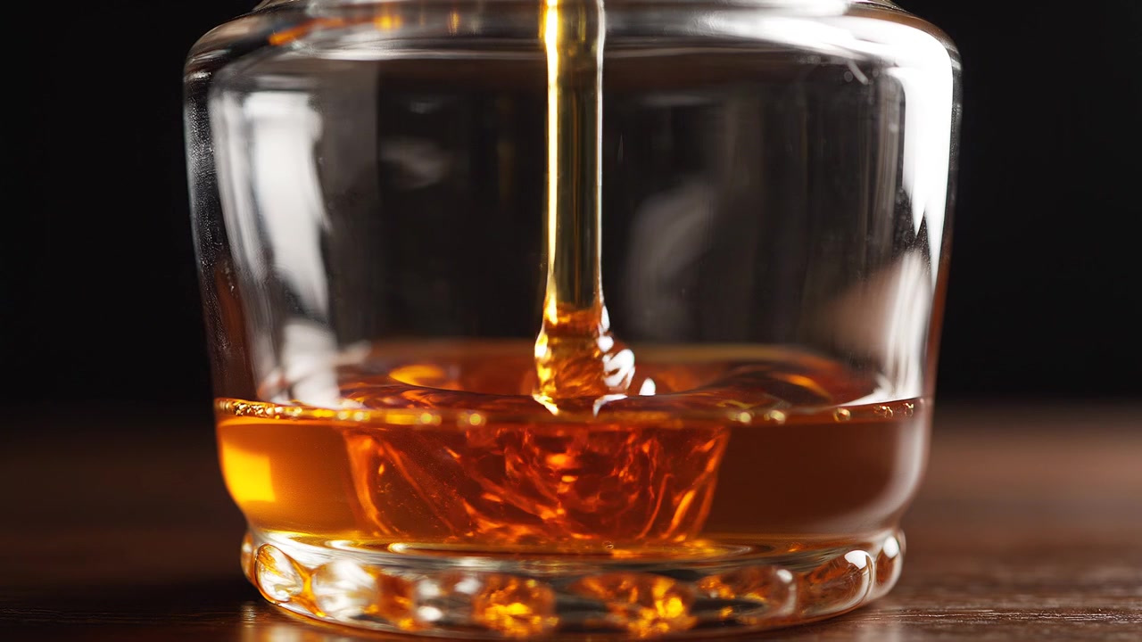 Miele dorato che cola in un barattolo di vetro trasparente