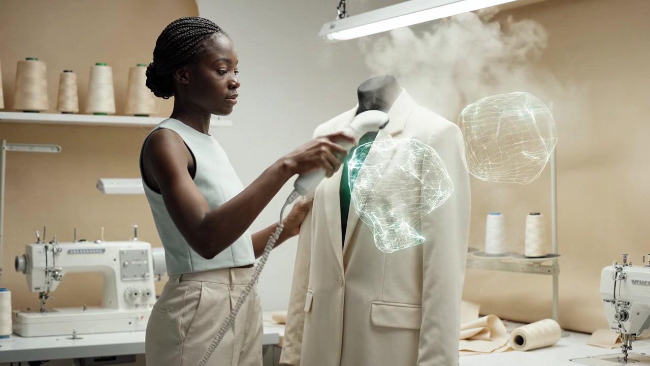 Innovative Fashion Design: A Seamstress Utilizes Advanced Technology to Create Tailored Suit on Mannequin in Modern Studio Environment