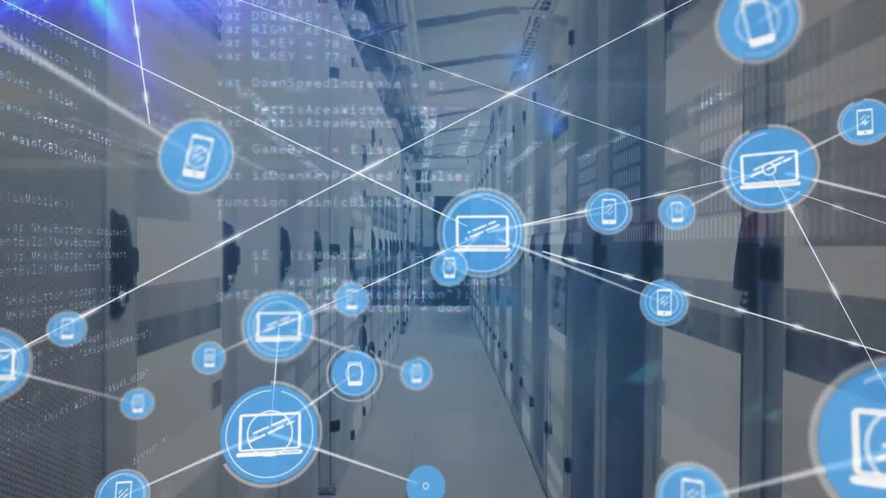 Animation of network of connections and data processing over server room