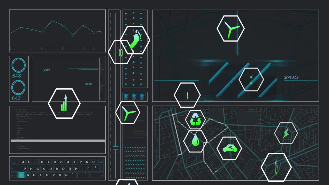 3D energy dashboard being animated in widescreen layout, showing data panels and neon icons