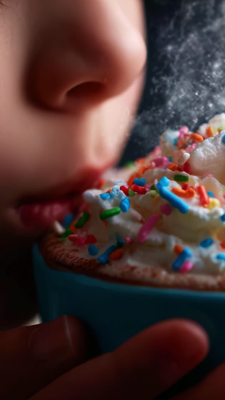 A Delightful Hot Beverage Experience: Capturing the Joy of Sipping a Steamy Cup of Whipped Cream Topped with Colorful Sprinkles, Perfect for Cozy Moments and Warm Memories