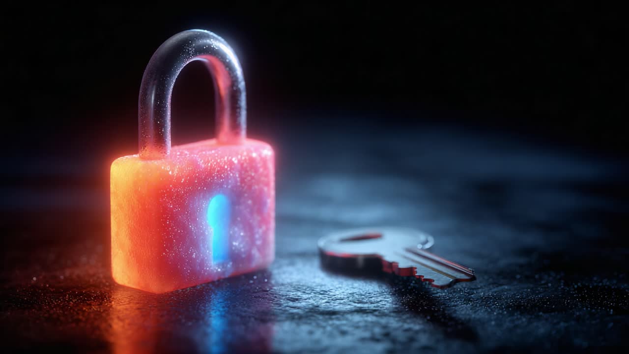 A Vibrant Visual Representation of Security: A Brightly Colored Lock with a Key, Symbolizing Protection and Access Control in a Dark, Atmospheric Setting