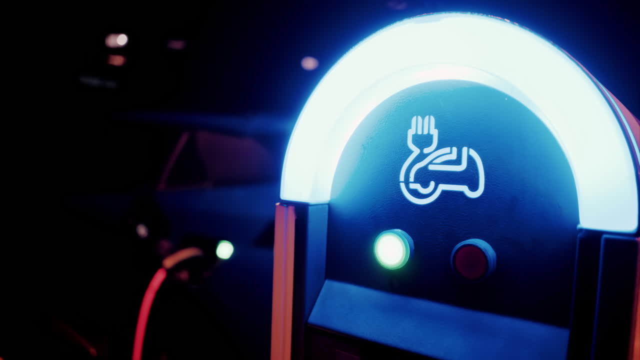 Close up of an illuminated, electric car charging station at night