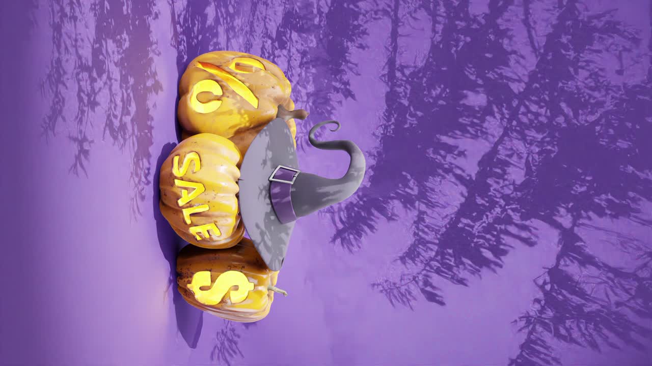 Witch with with sale pumpkins on purple background