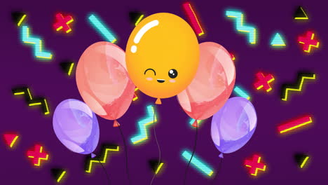 animation of colourful balloons over neon symbols on purple background